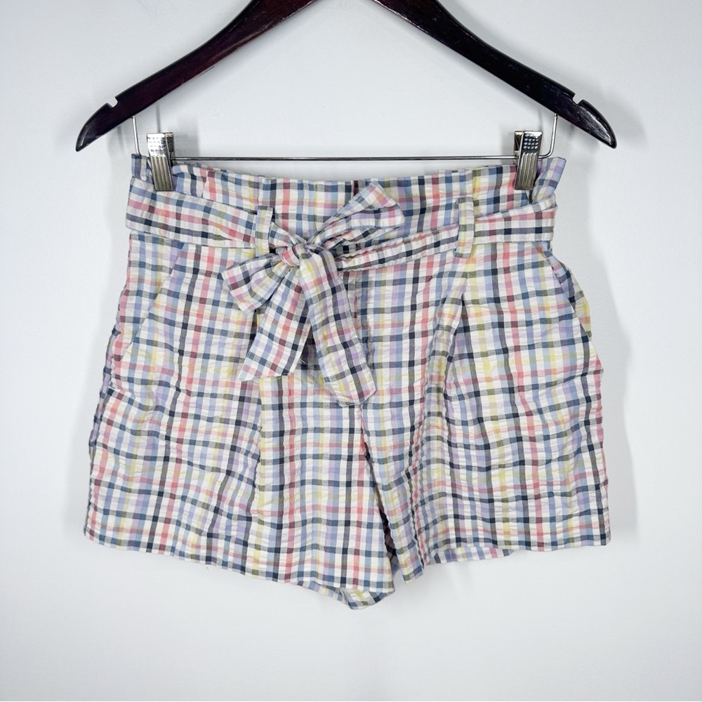 Loft Seersucker Plaid Paper Bag Waist Shorts Size Small Belt Pastel